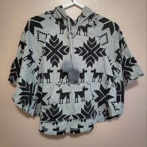 F21 sm croptop poncho sweater w/hood & pompom strings , winter/tribal/dog ?